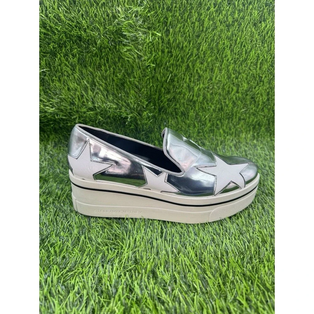 STELLA MCCARTNEY Silver Metallic Faux Leather Binx Star Platform Slip On Shoes 7